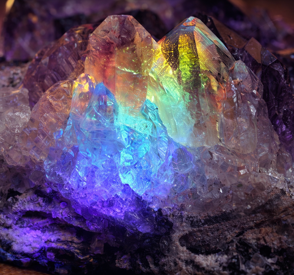 Rainbow-lit healing crystal